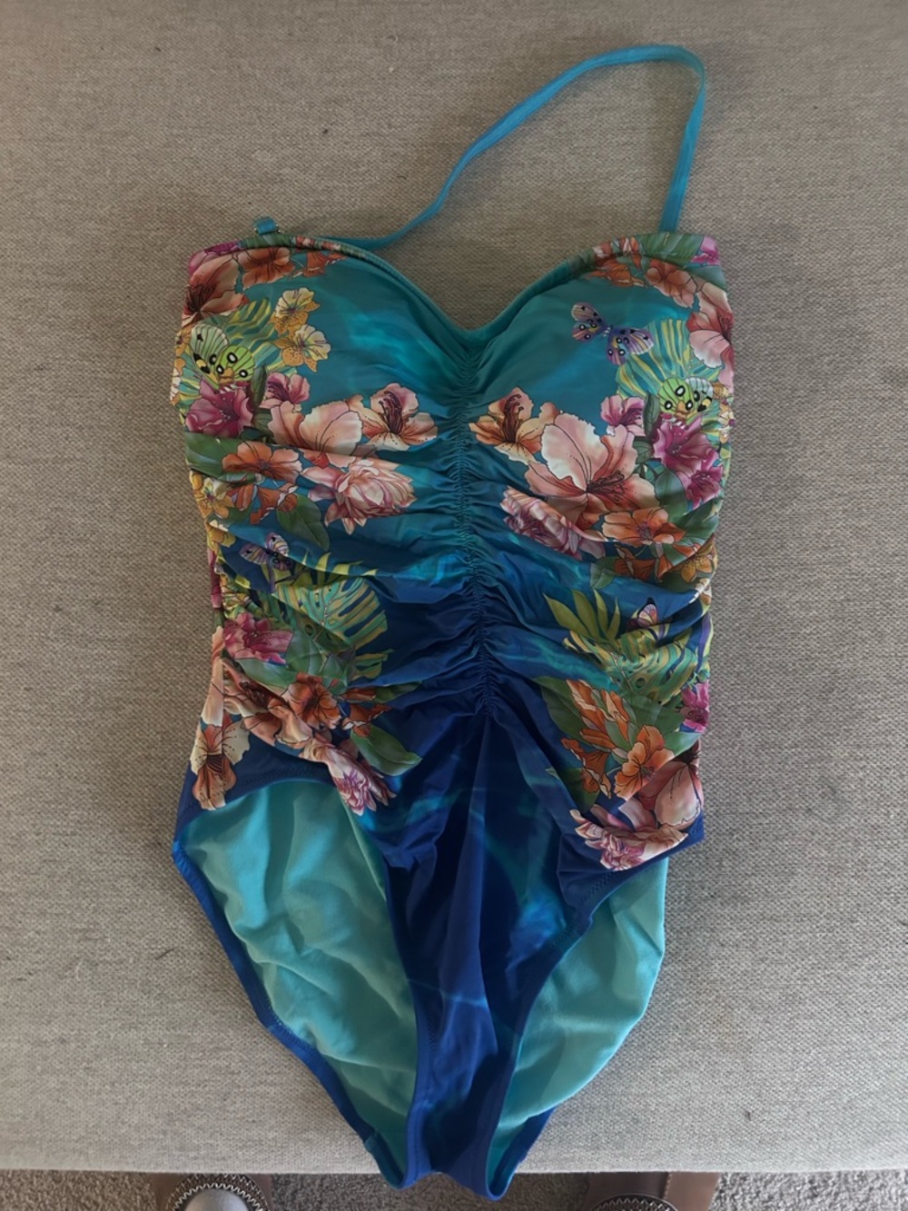 Johnny Was Teal and Blue Floral Ruched One-Piece Swimsuit